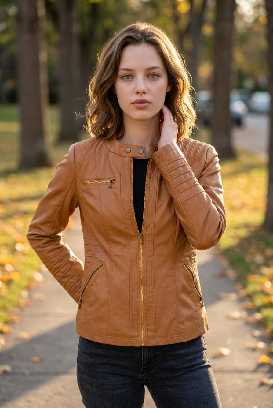 Cognac Faux Leather Moto Biker Jacket